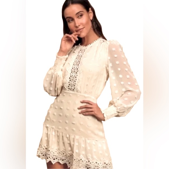 Lulus Dresses & Skirts - Lulu’s Size M EUC Long Sleeve Cream Dotted Chiffon Lace Trim Mini Dress (0115)